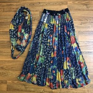 Vintage Navy Floral Patchwork Maxi Skirt with Scarf